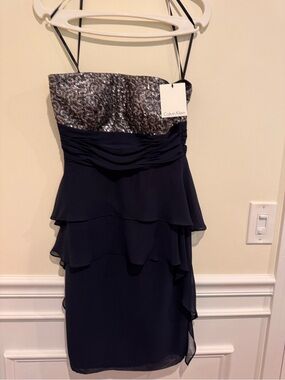 Calvin Klein Navy Strapless Sequin Bodice Layered Chiffon Dress